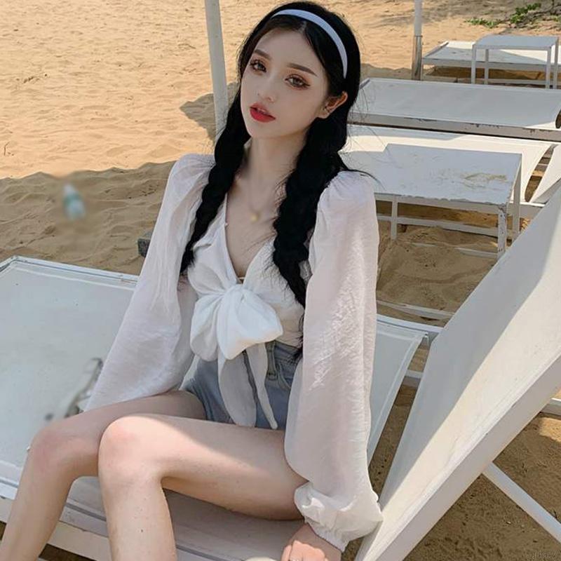 Korean Puff Sleeve Shirts Solid Color Crop Tops V-neck Navel Knotted Long Sleeve Sexy Shirts | BigBuy360 - bigbuy360.vn