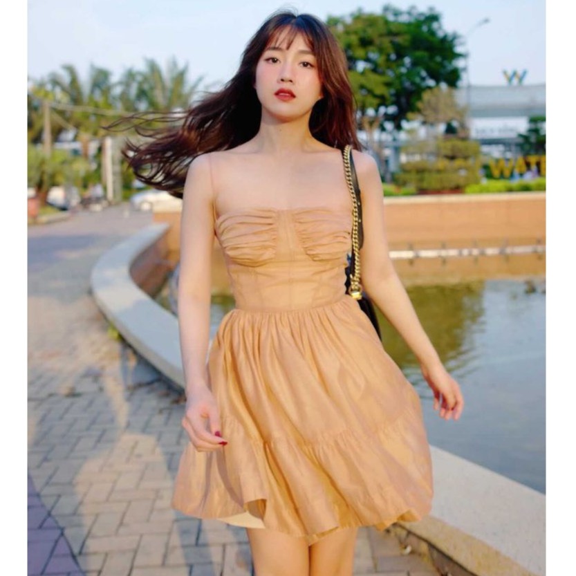 RECHIC Đầm Dulcie Màu Nâu Xòe Cúp Ngực Nhún Ngực Siêu Xinh Trẻ Trung Năng Động