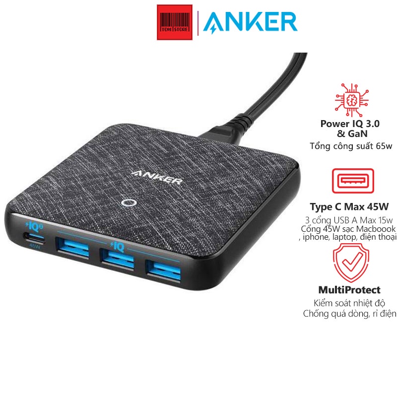 Bộ sạc 4 cổng Anker Powerport III Slim 65W GaN -IQ3.0 (A2045) hỗ trợ cổng sạc PD Power IQ3.0 45W và 3 cổng USB sạc nhanh