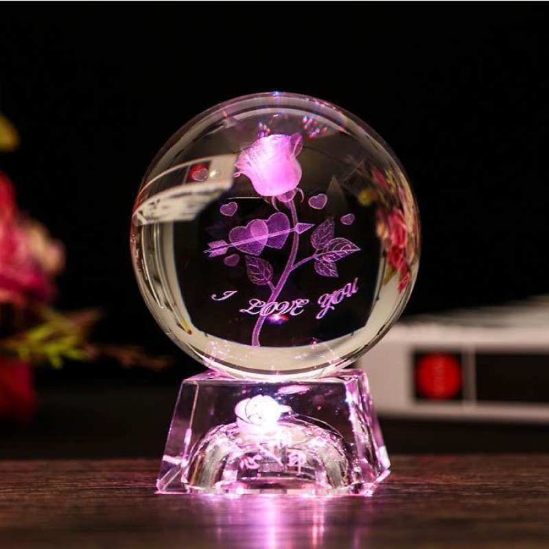 Quà tặng pha lê 🎁🎁 Bộ Quả Cầu khắc 3D hoa hồng I Love You led