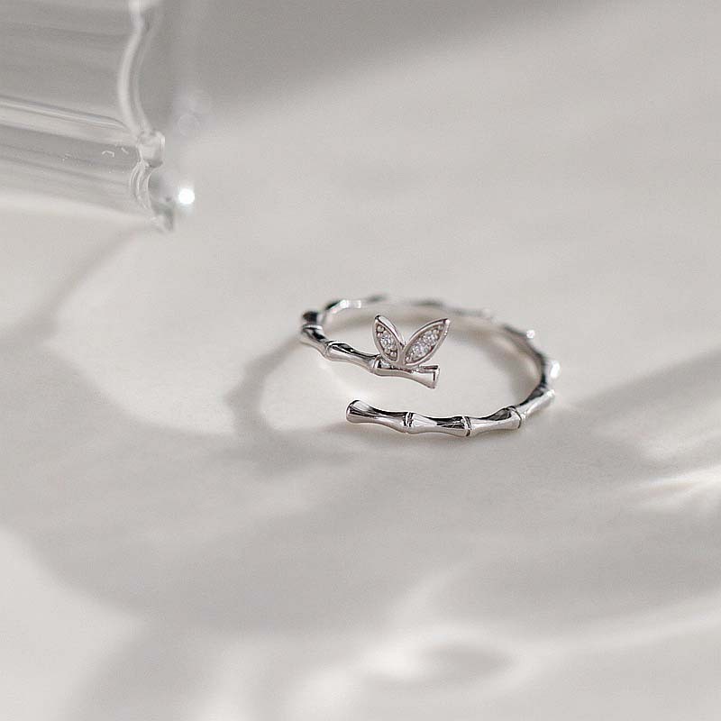Nhẫn màu bạc họa tiết lá tre đính đá Zircon hợp thời trang có thể điều chỉnh cho nữ