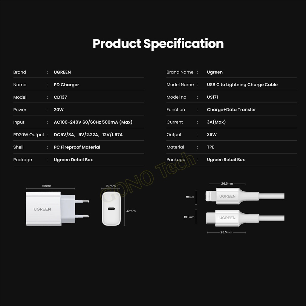 Củ sạc nhanh PD 20W UGREEN CD137 Type C | Cốc sạc Ugreen 60449 60450