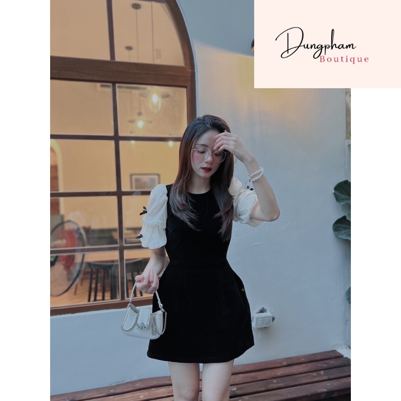 Váy nhung tay bồng mix nơ _ Dungpham Boutique