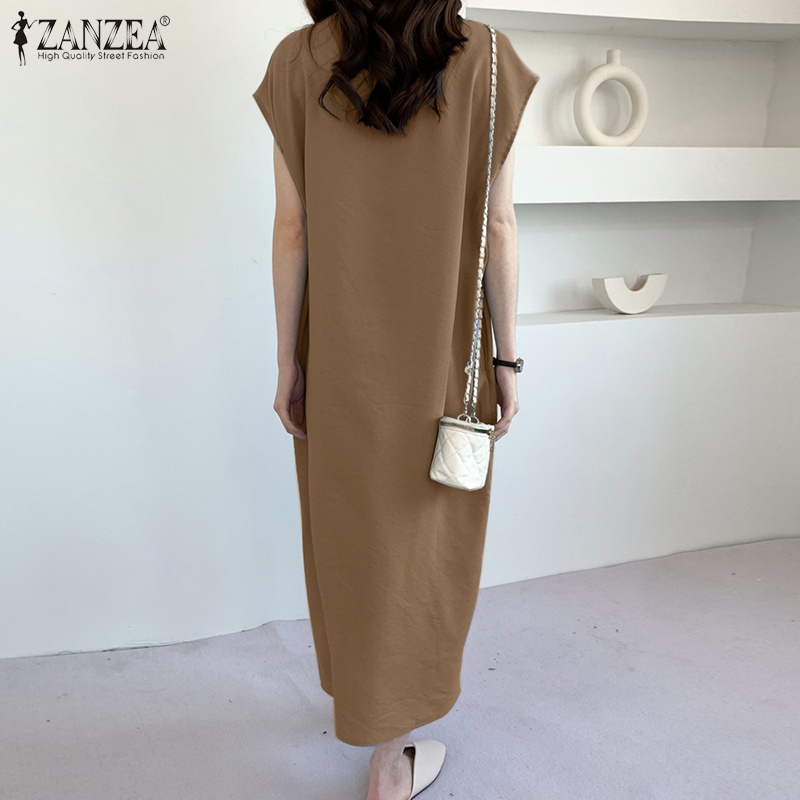 Đầm ZANZEA cổ tròn tay ngắn có nút cài phía trước thời trang cho nữ