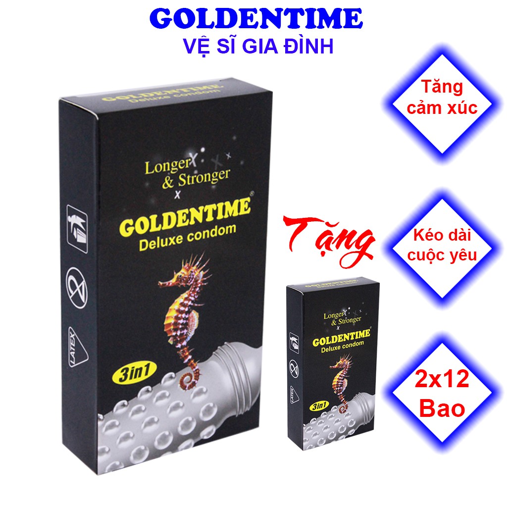 Bao cao su Goldentime Tăng khoái cảm Kéo dài thời gian Hộp 12 bao