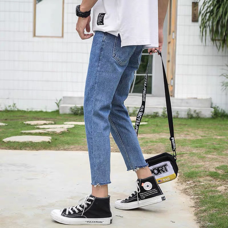 Quần jean nam rách gối màu đen chất bò cao cấp co dãn 4 chiều cực đẹp rin trơn from dáng skinny đẹp ELMEN Hottrend 2022