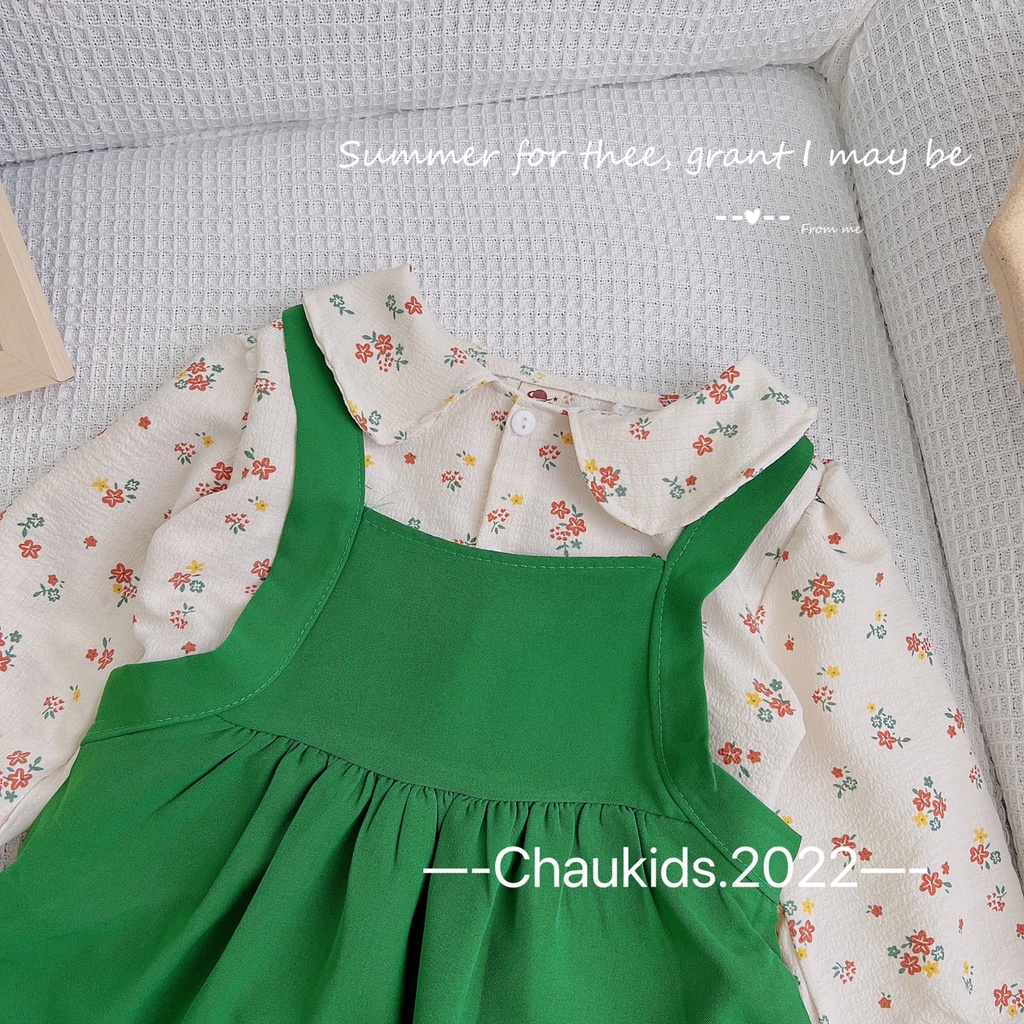 Váy thu đông vintage cho bé gái, set váy yếm xanh tươi mát kèm áo sơ mi hoa nhí cho bé