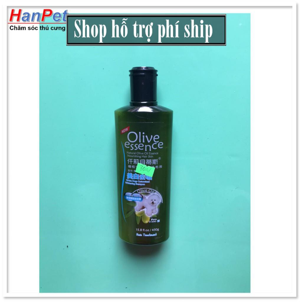 Hỗ trợ Ship-  -Sữa tắm tinh dầu ô liu chó mèo - Sữa tắm OLIVE 450ml loại Trị ve rận và làm trắng lông  (hanpet 359d) dầu
