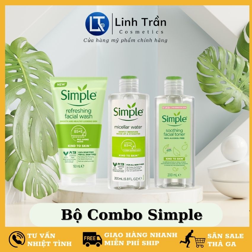 Bộ simple nước tẩy trang simple 200ml, sữa rửa mặt dành cho da nhạy cảm 150ml, nước hoa hồng simple 200ml