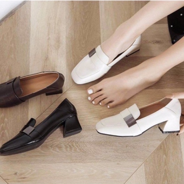 GIÀY DA MỀM 5P KHUY VUÔNG | TRẮNG NÂU ĐEN