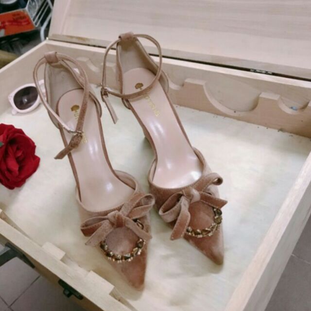 Giày cao gót mũi nhọn, gót vuông, màu hồng ruốc, chất da lộn