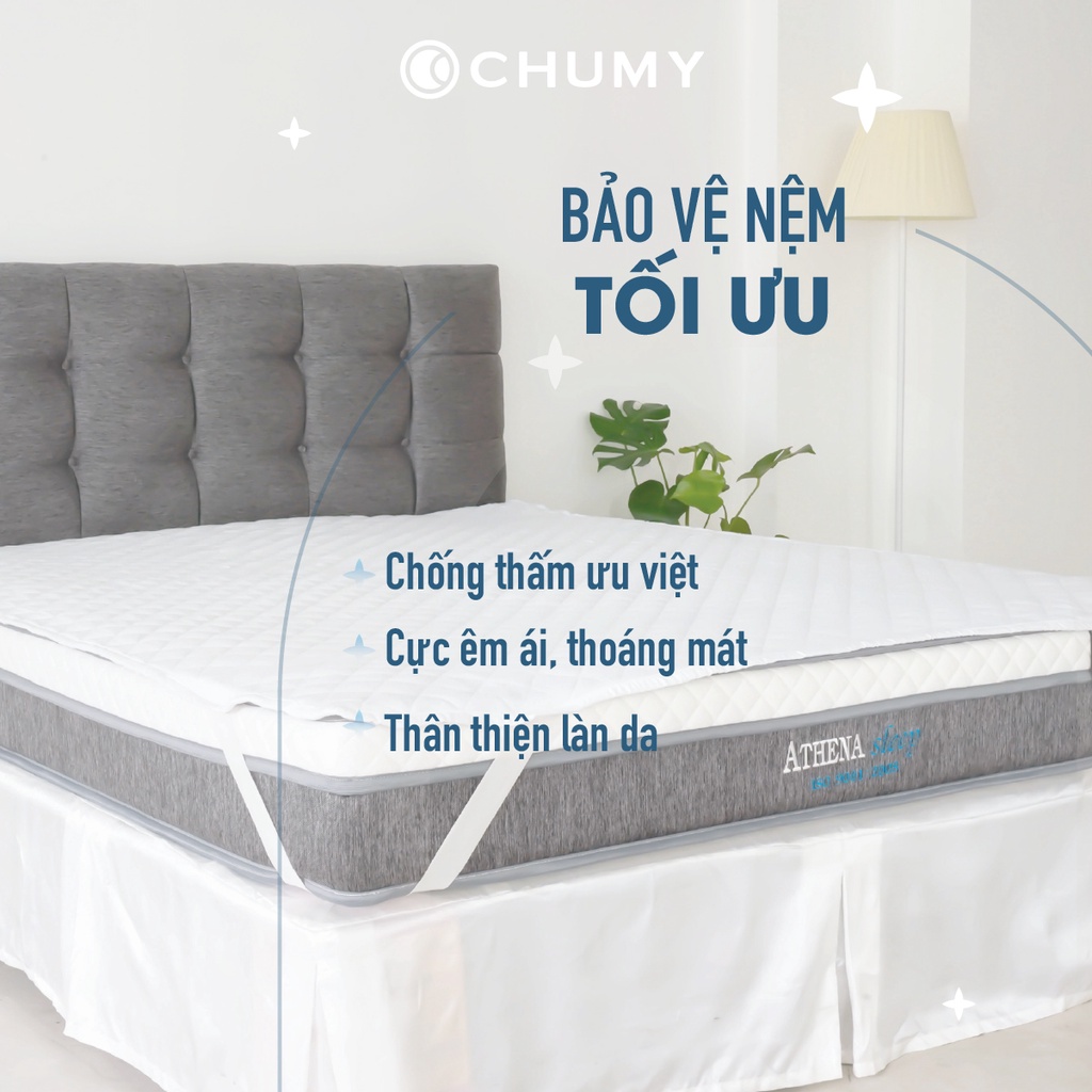 Tấm bảo vệ nệm CHU MY chất liệu 100% polyester, 3 lớp chần bông kiểu ô vuông, hạn chế thấm nước và bụi bẩn