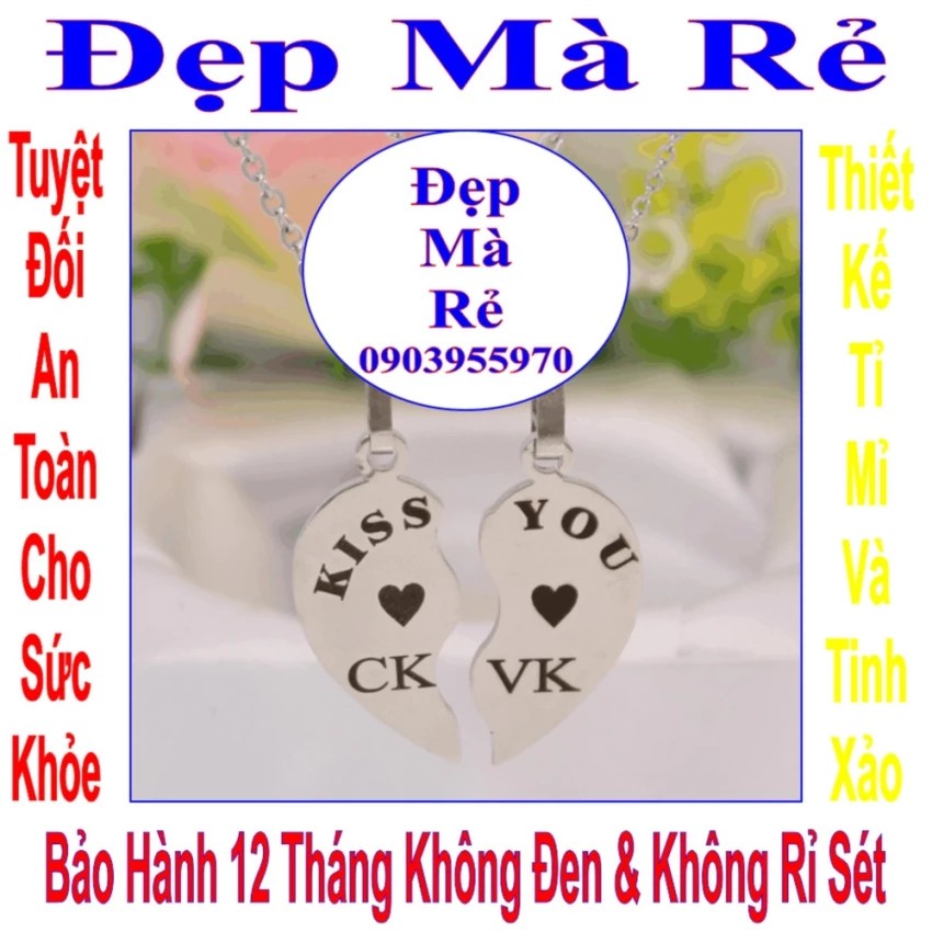 Dây chuyền cặp hình trái tim 2 mảnh ghép tim khắc chữ CK / VK và chữ KISS YOU - Giá bán trên = 2 sợi