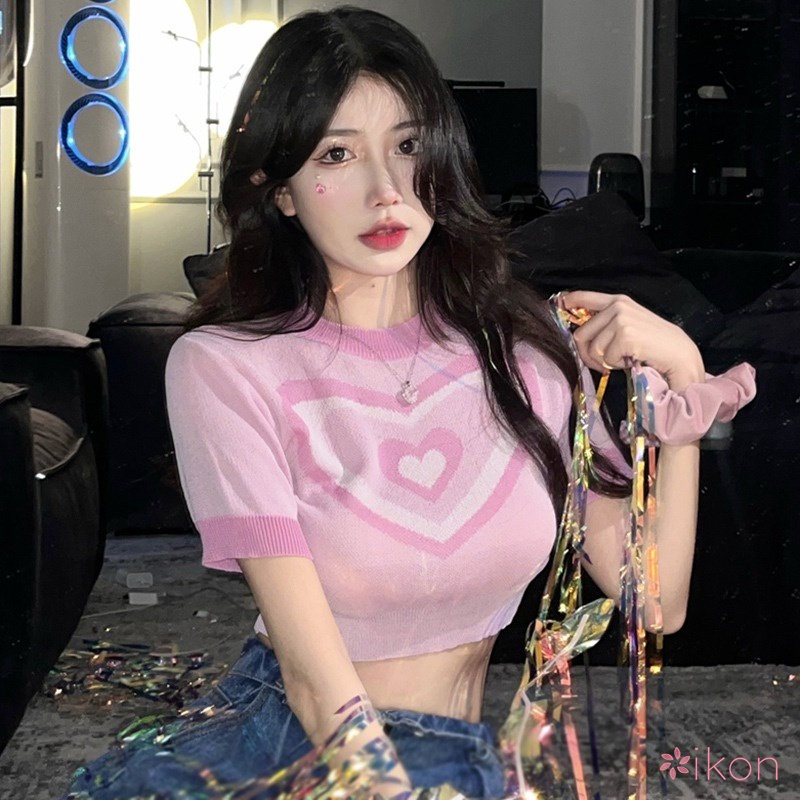 Áo Croptop Vải Lụa Lạnh Tay Ngắn Dáng Ôm Thoáng Khí In Hình Trái Tim Kiểu Retro Cho Nữ