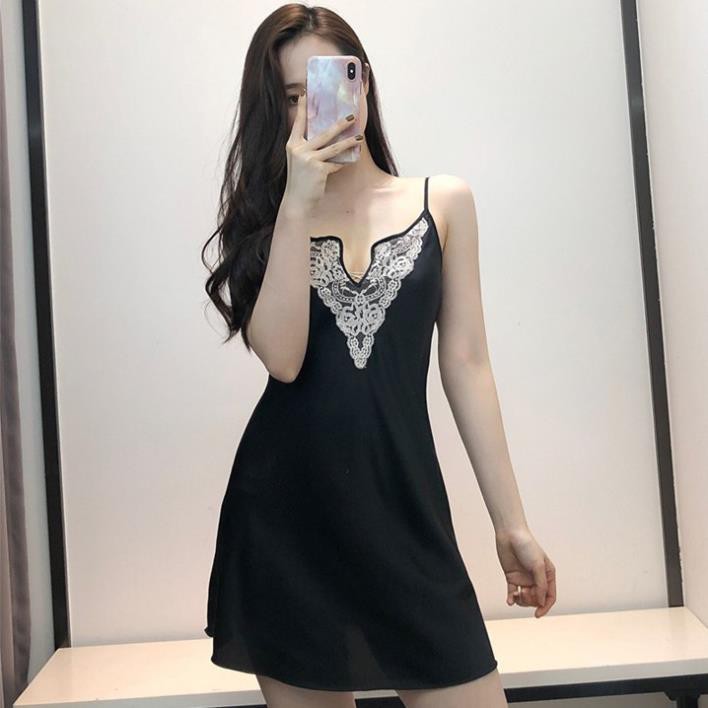 Váy ngủ lụa sexy cổ V phối ren ngực sang trọng có kèm mút ngực (xanh) | BigBuy360 - bigbuy360.vn