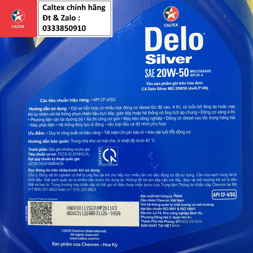 Nhớt ô tô Caltex Delo Silver Multigrade 20w50 cho máy diesel [ 4L ]