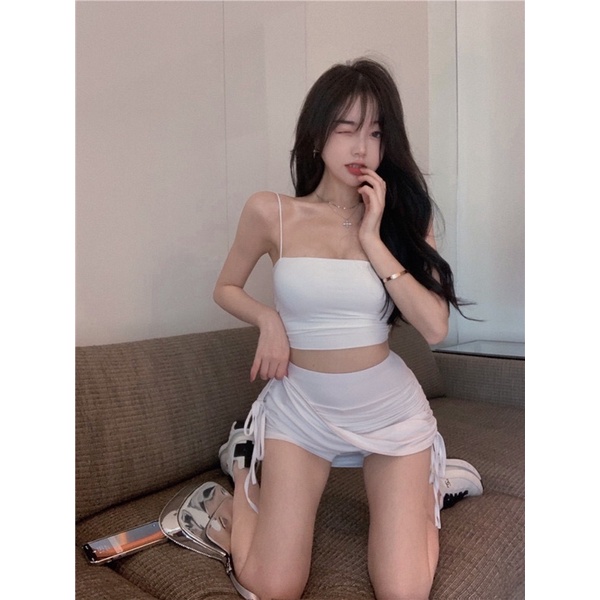 Chân Váy Ngắn 🍊🍊 Chân Váy Ngắn Dây Rút Mix Áo Hai Dây Hai Lớp cv010