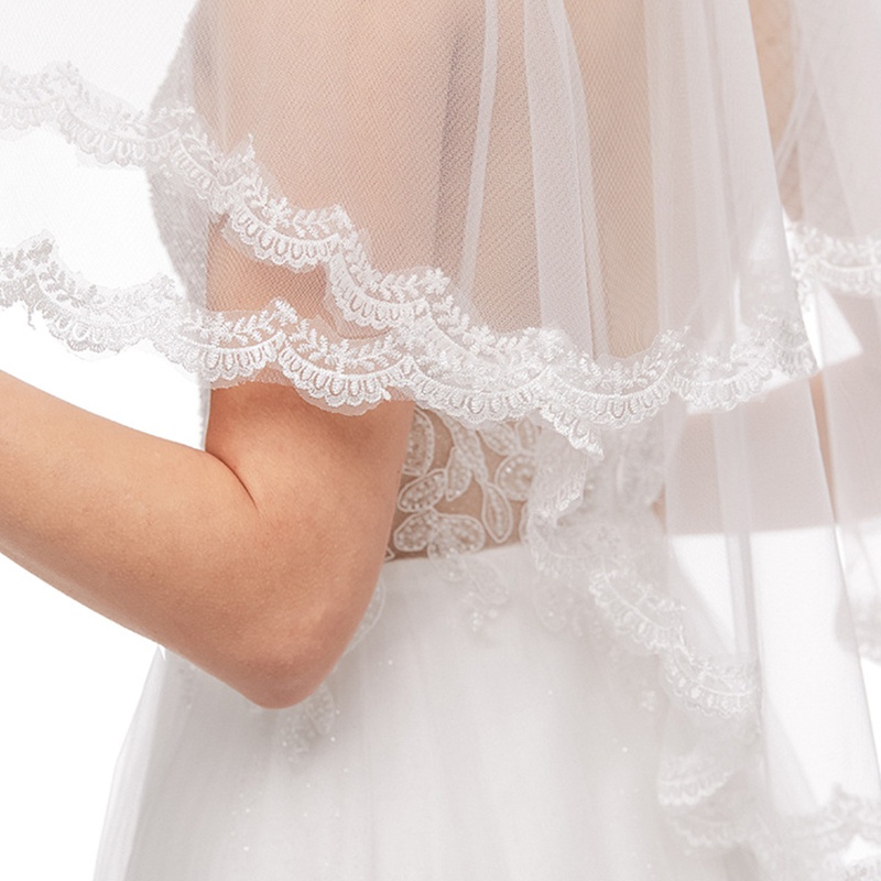 Mạng Che Mặt 2 Tầng Bằng Vải Tuyn Phối Ren Và Lược Kim Loại Trang Trí Cho Cô Dâu