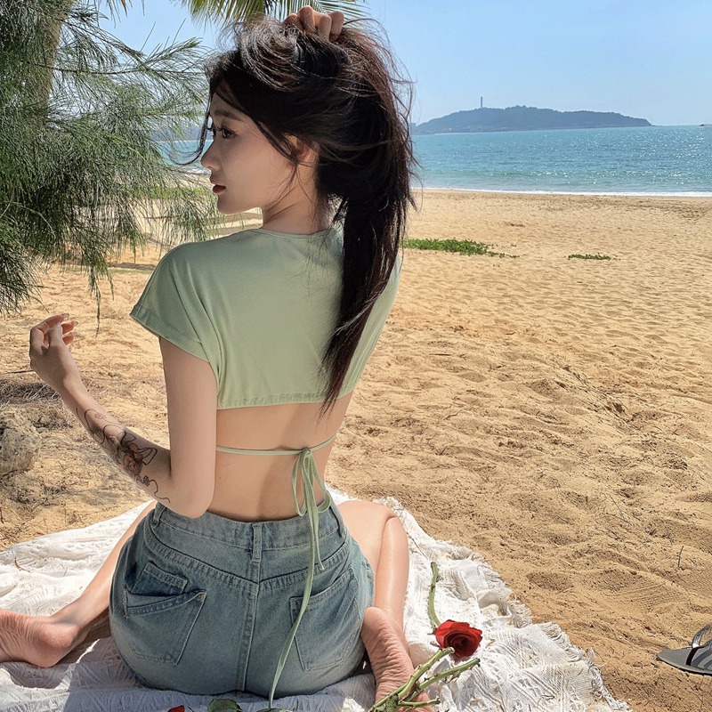 Áo Thun Crop Top Cổ Vuông Tay Ngắn Cột Dây Màu Sắc Trơn Phong Cách Hàn Quốc Dành Cho Nữ