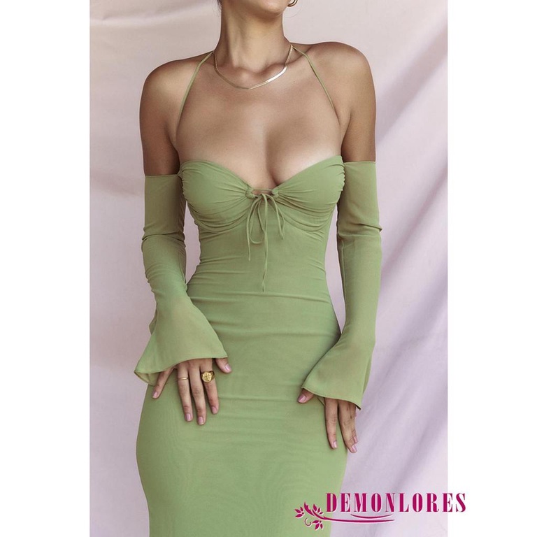 Đầm Đuôi Cá Tay Dài Cổ Khoét Sâu Màu Sắc Trơn Thanh Lịch Cho Nữ