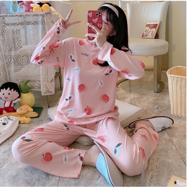 Set thun dài tay nữ nhiều họa tiết - Bộ đồ ngủ quần suông áo phông thu đông in hình bánh bèo pijama mặc ở nhà