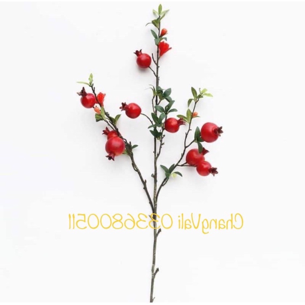 Cành lựu 9 quả 2 hoa cao 100cm , lá giống thật , Decor siêu đẹp -HN0