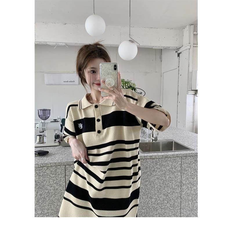 Đầm thun dệt kim IELGY thiết kế cổ polo phối họa tiết kẻ sọc trẻ trung thời trang cho nữ