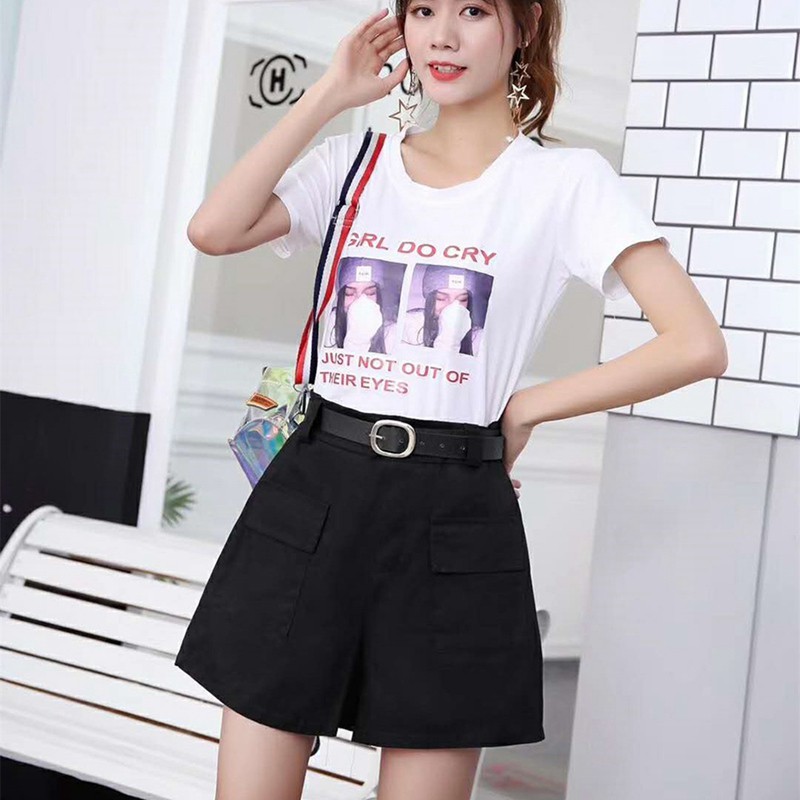 Quần short cotton ống rộng lưng cao màu trơn cho nữ