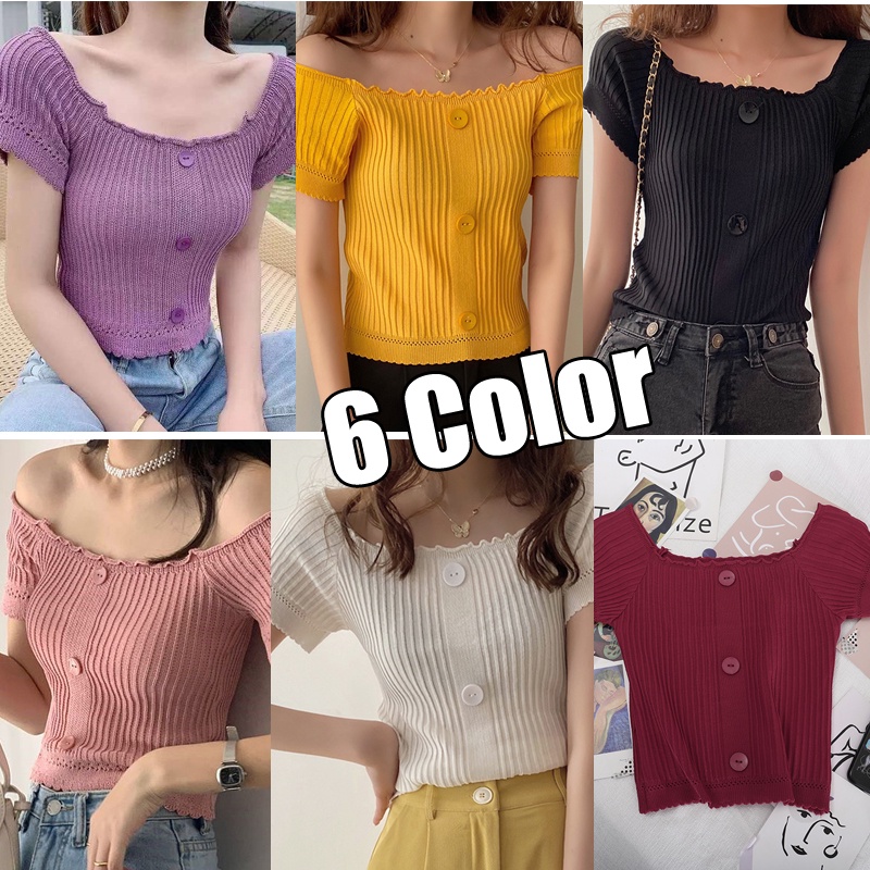 Áo Kiểu Dệt Kim Mỏng Tay Ngắn Hở Vai Nhiều Màu Phong Cách Pháp Thanh Lịch Cho Nữ