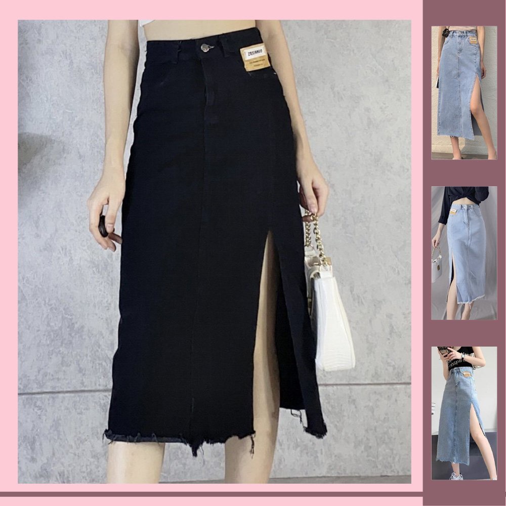 Chân váy jean xẻ đùi Banamo Fashion chân váy bò xẻ tà dáng dài cạp cao phong cách Ulzzang
