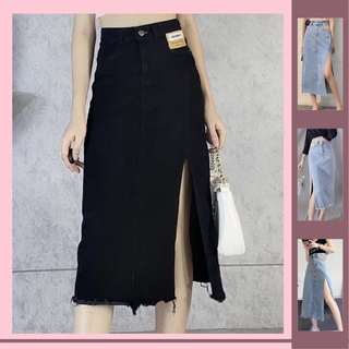 Chân váy jean xẻ đùi Banamo Fashion chân váy bò xẻ tà dáng dài cạp cao phong cách Ulzzang