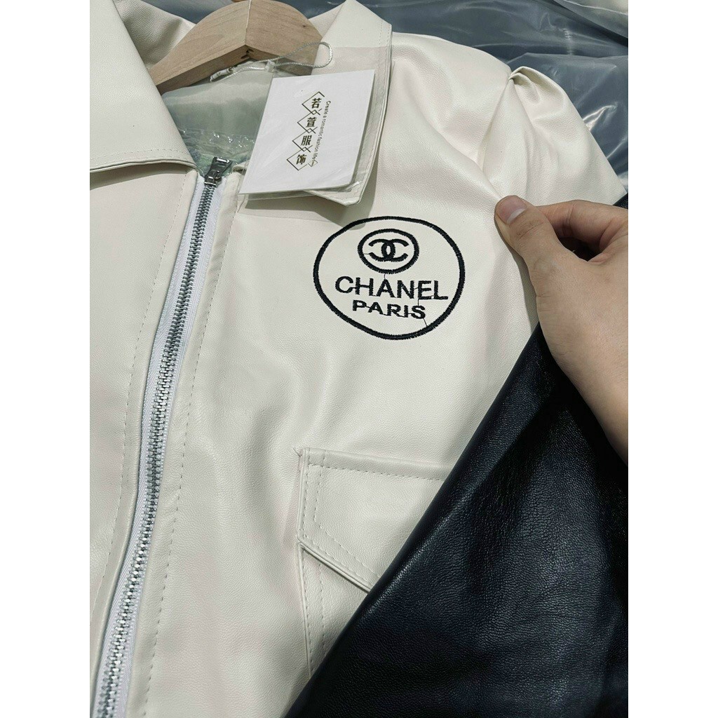 Áo da nữ, áo khoác da dáng rộng thêu chữ trước và sau lưng siêu xinh siêu hót