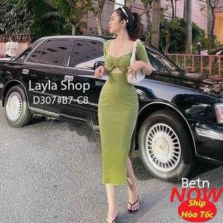 Đầm ôm body xẻ ngực hở phối khóa tay ngắn chất vải thun gân len 4 chiều FreeSize dưới 52kg