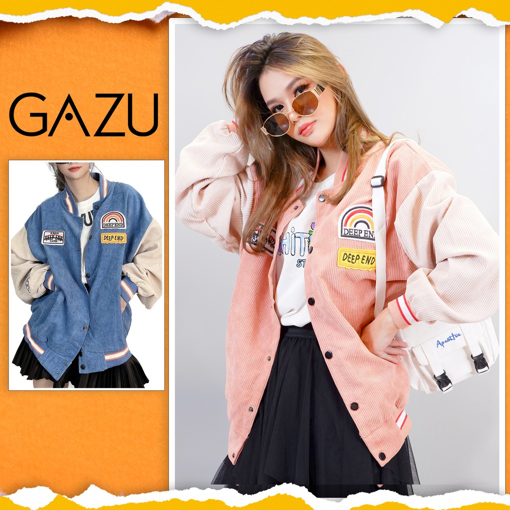 Áo khoác bomber kaki nhung tăm varsity jacket unisex nam nữ form rộng GAZU -057