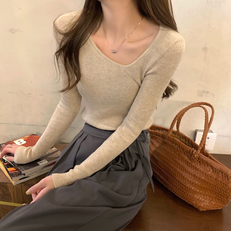 【out of stock】Áo dệt kim 45504 tay dài cổ lệch màu trơn phong cách thanh lịch dễ thương cho nữ | BigBuy360 - bigbuy360.vn