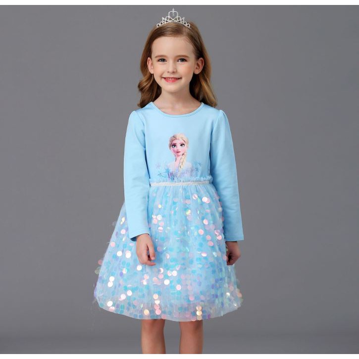 Váy Elsa Thu Đông 2021 Chất Cotton Da Cá, Đính Cườm Lấp Lánh Màu Xanh Nhạt và Tím Hồng