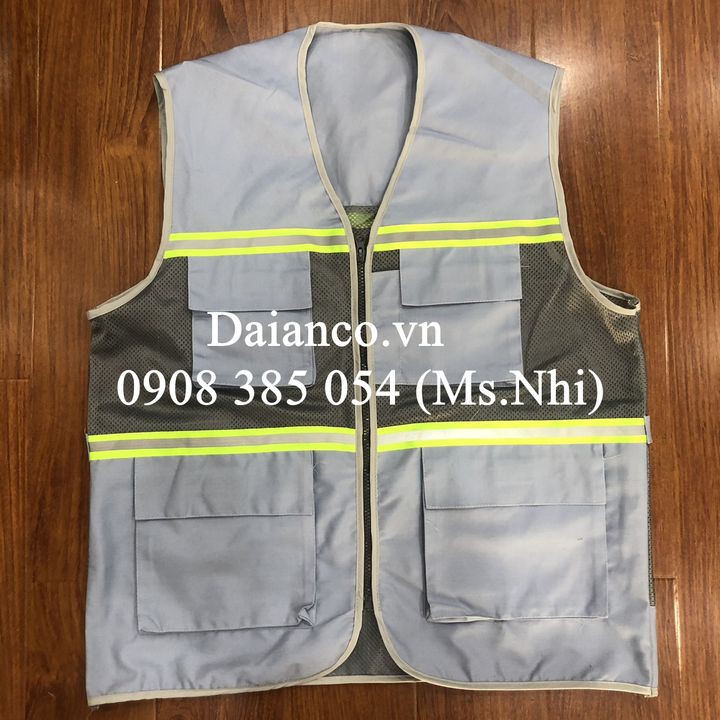 Áo gile vải kaki phối lưới siêu mát may kèm phản quang poly xám- Hình thật