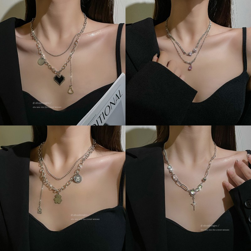 Vòng cổ Hai Lớp Hình Trái Tim Phong Cách Hip Hop Đơn Giản Cho Nữ