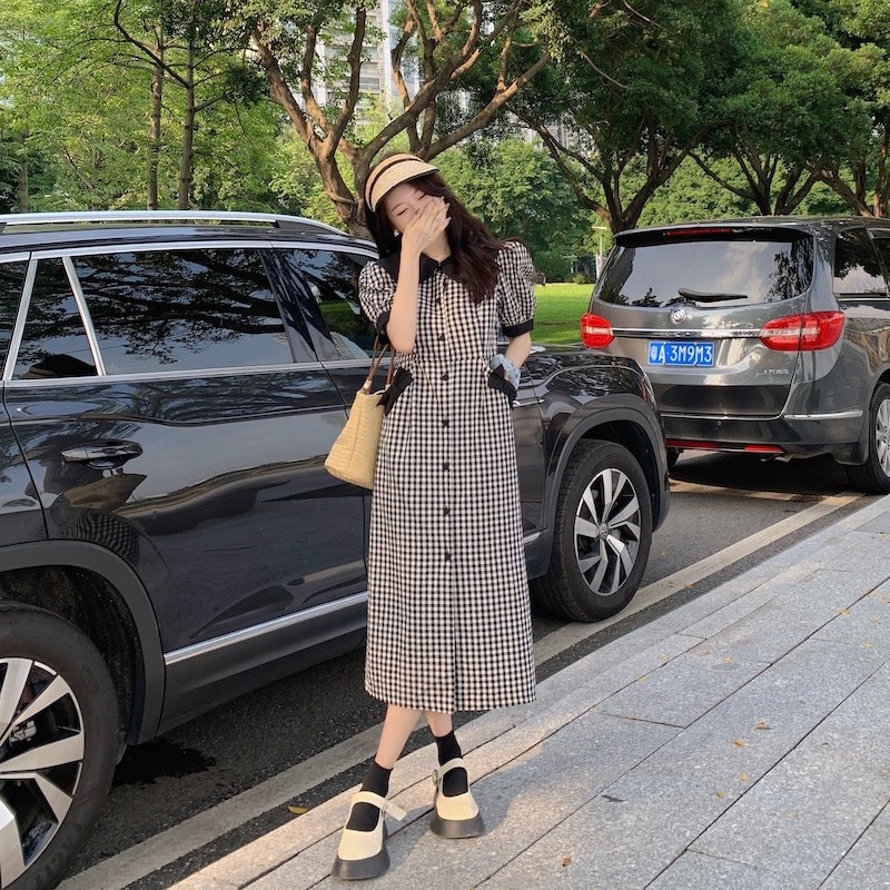 SALE Đầm caro cổ sen