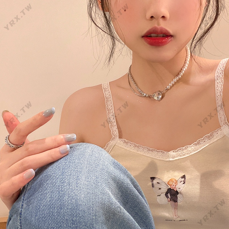 Dây chuyền xỏ ngọc trai mặt trái tim kim cương đơn giản phong cách Hàn Quốc thời trang cho nữ
