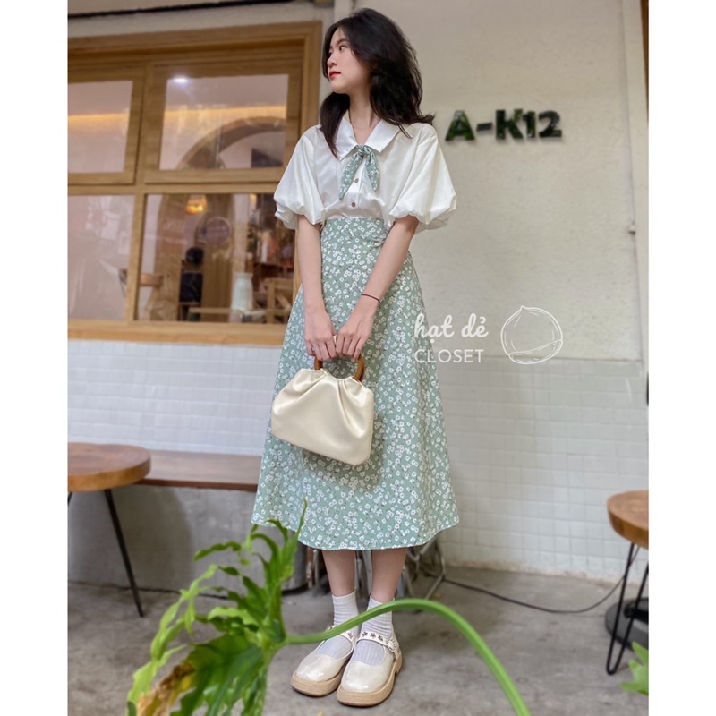 Chân váy hoa NHÍ XANH BẠC HÀ form A co giãn