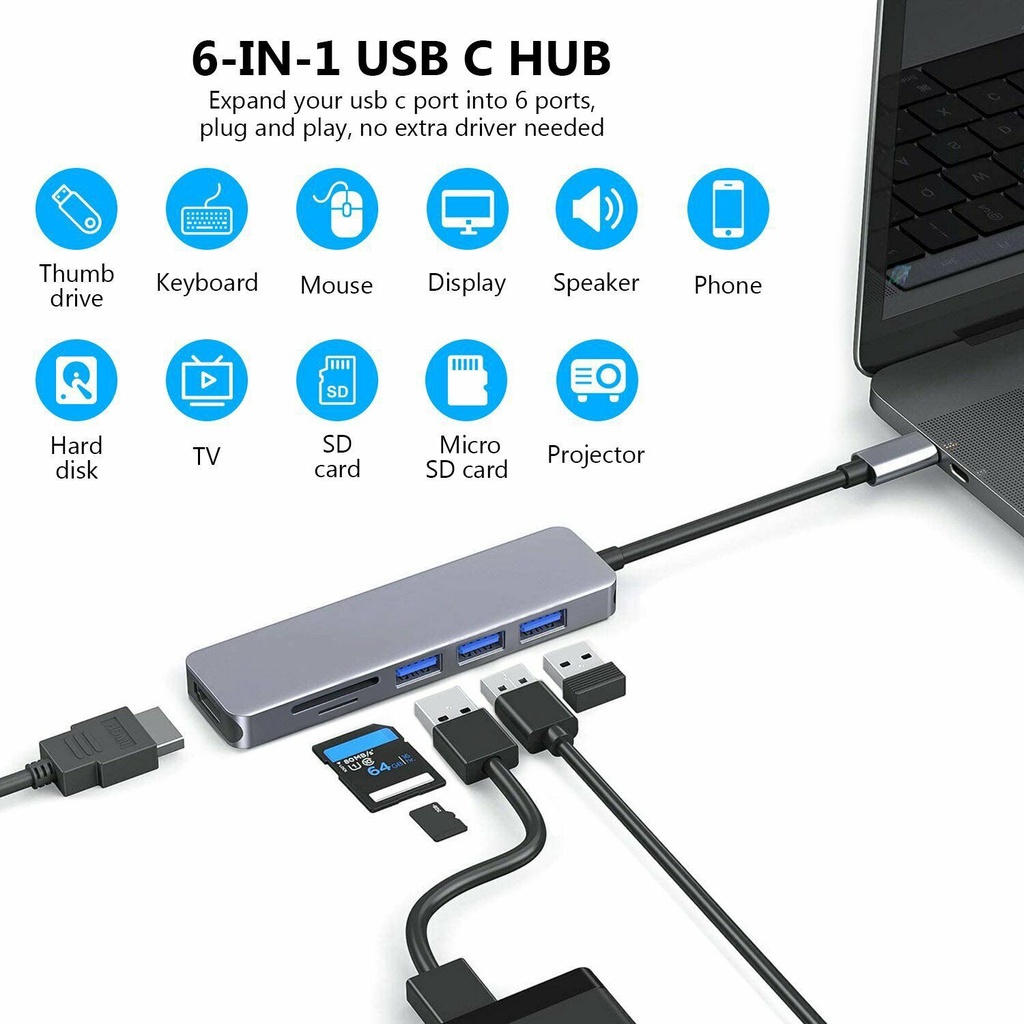 Hub Chuyển Đổi 6 Trong 1 Type-C Sang HDMI 4K PD TF RJ45 USB3.0 USB C Hub