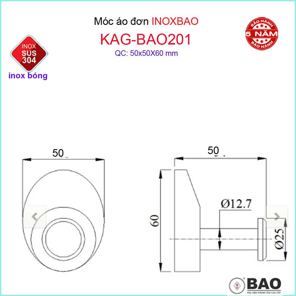 Móc treo đồ Inox Bảo, móc áo Inox SUS304 KAG-BAO201