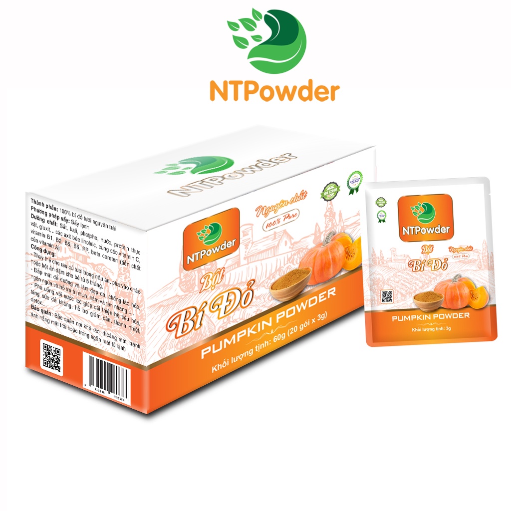 [Hộp 20 gói x 3g] Bột Bí Đỏ sấy lạnh nguyên chất NTPowder 60g - Nhất Tín Food