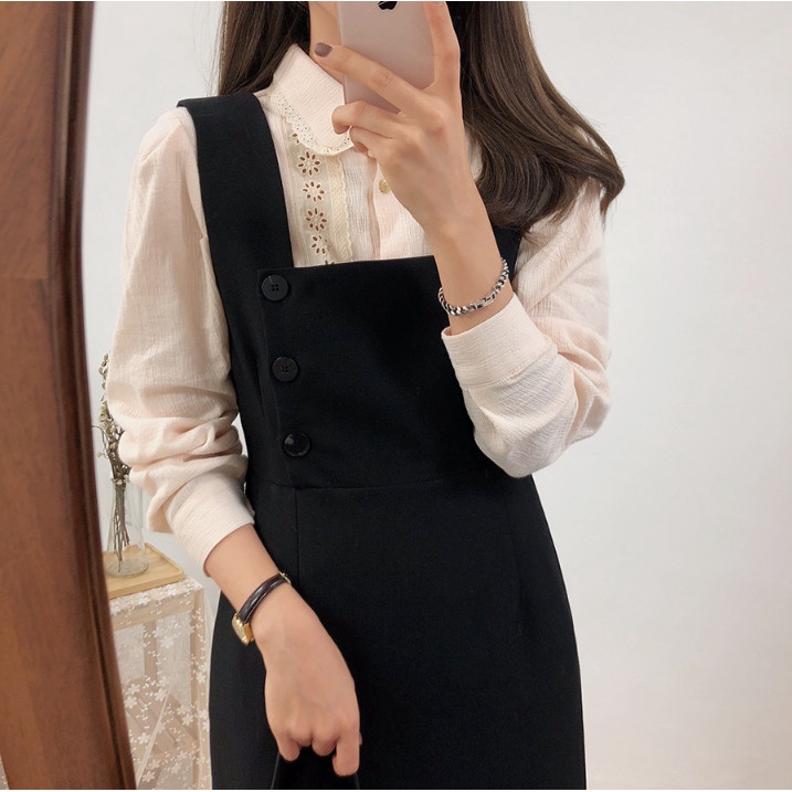 Đầm/ Yếm Midi Sát Nách Màu Đen/ Xám Trơn, Cổ vuông, chữ U