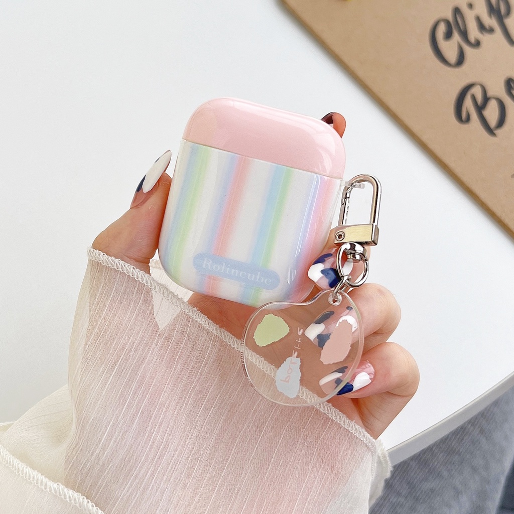Vỏ Bảo Vệ Hộp Sạc Tai Nghe AirPods 1 2 pro 3 2021 Bằng Silicon Tpu Chống Sốc Họa Tiết Kẻ Sọc Màu Cầu Vồng Dễ Thương