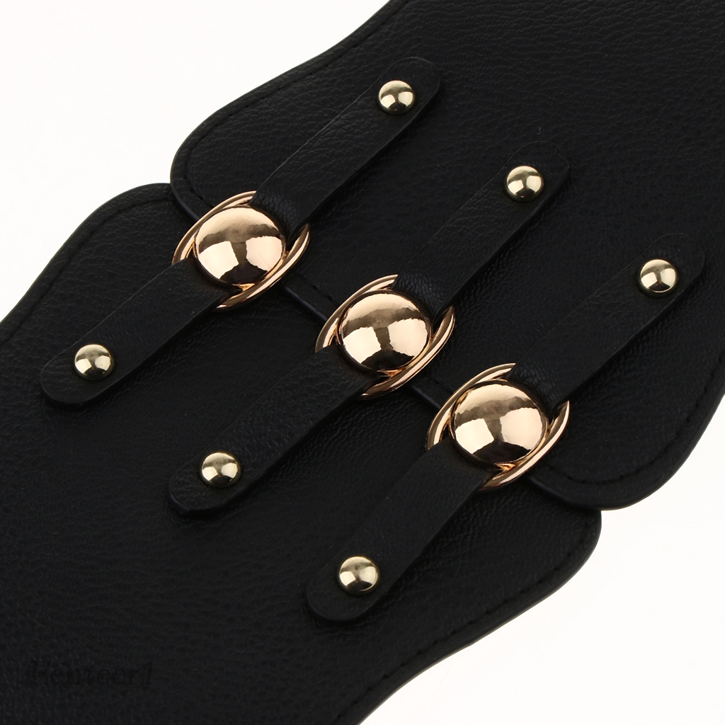 Thắt lưng da bản rộng co giãn phối khóa và đinh tán kim loại màu vàng phong cách vintage thời trang cho phụ nữ