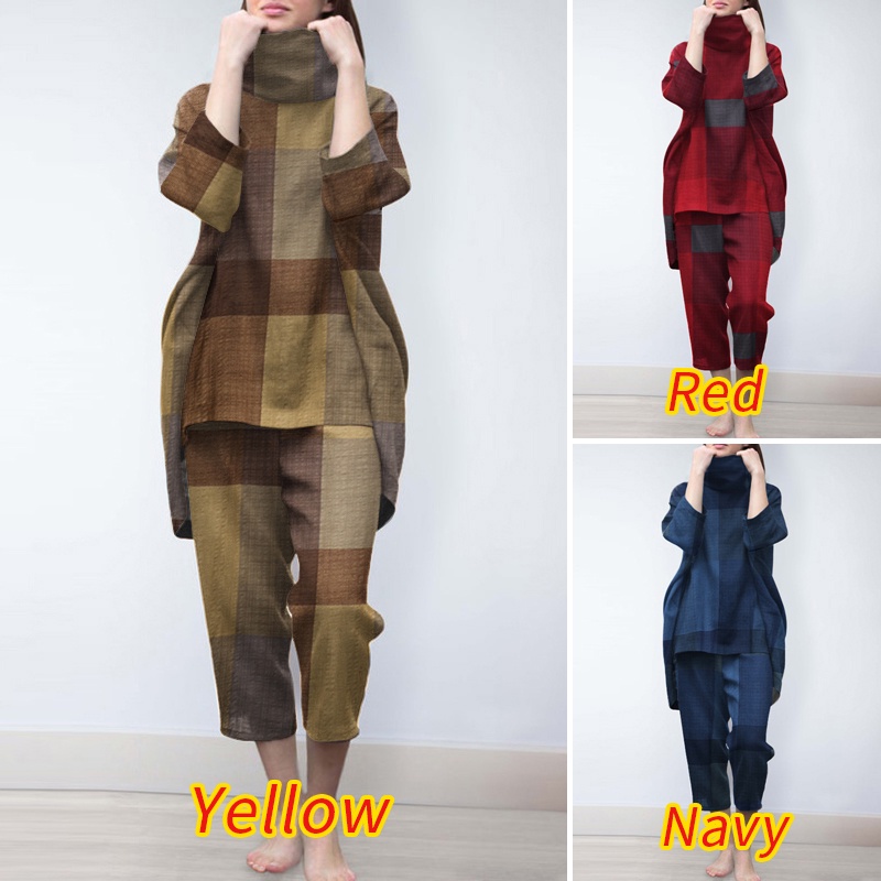 Set bộ ZANZEA gồm áo cổ lọ họa tiết sọc caro + quần ống rộng lưng thun thời trang Châu Âu cho nữ