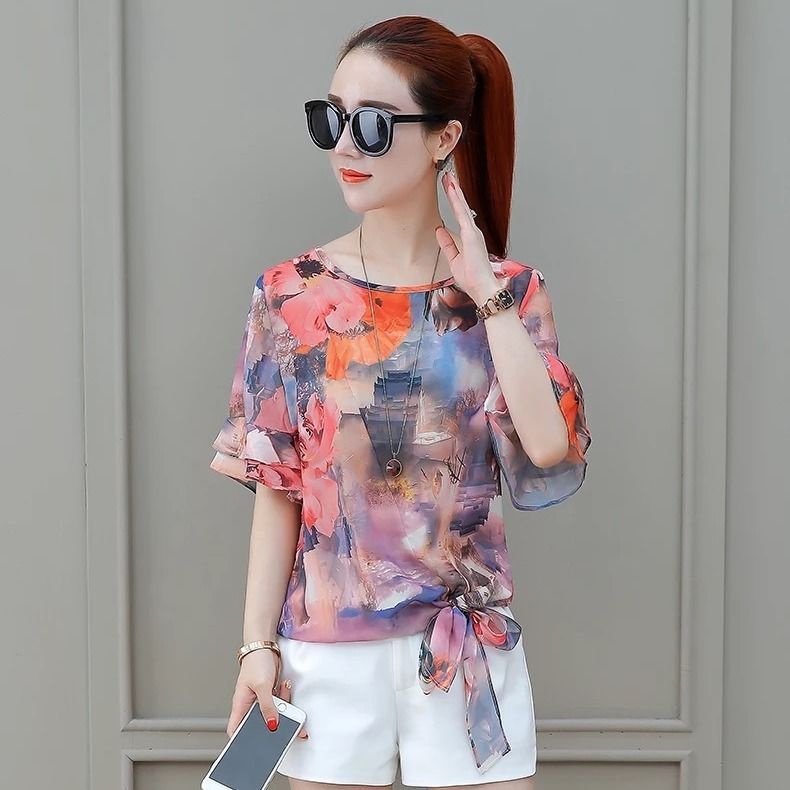 Áo kiểu chiffon tay ngắn loe cổ tròn in họa tiết hoa phong cách Hàn Quốc cổ điển thời trang cho nữ