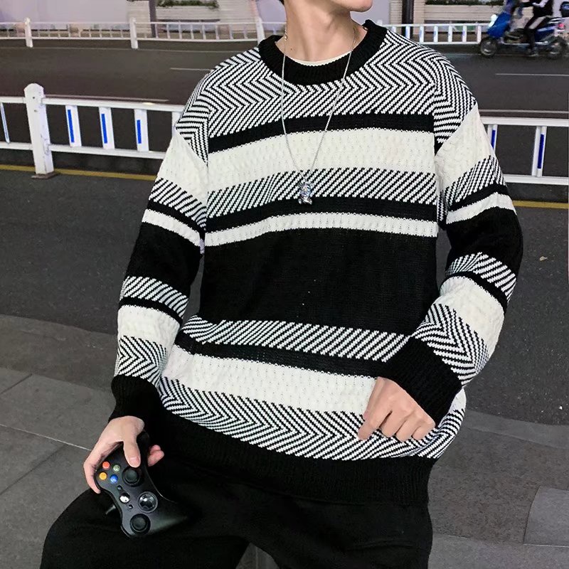 Áo sweater dệt kim dáng rộng tay dài kẻ sọc thời trang thu đông phong cách Nhật Bản cho nam size M-2XL
